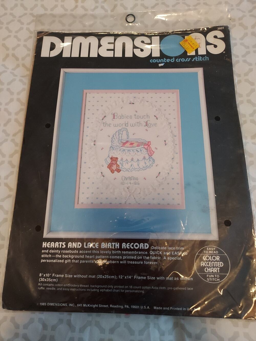 NEW Dimensions Counted Cross Stitch 3601 Hearts and Lace Birth Record NIP